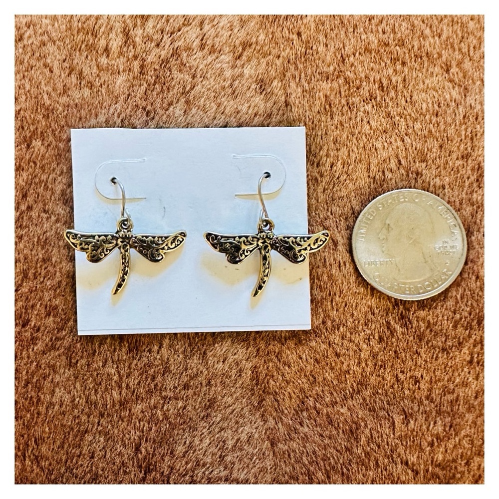 Gold Dragonfly Dangle Earrings - Picture 5 of 5